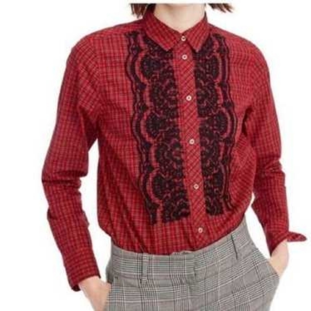 J. Crew Red and Black Plaid Shirt...Embellished Plaid Boy Shirt...Size:10